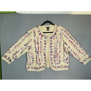 Multiples Brand Cardigan Jacket Linen Blend Art To Wear Size XL Beaded Embroider